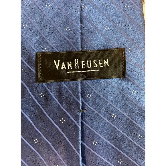 Van Heusen Mens Silk Neck Tie Made in USA Solid Blue Stripe Diamond Dots Work - Picture 6 of 6